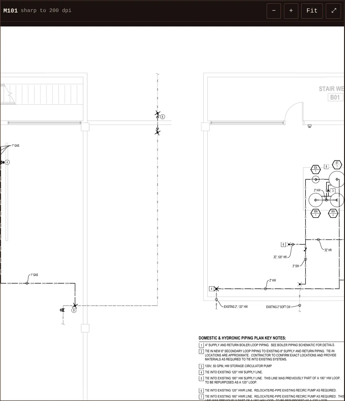 Sheet M101, Mechanical Plan Lower Level, zoomed in on gas and domestic hot water piping and the piping plan key notes.