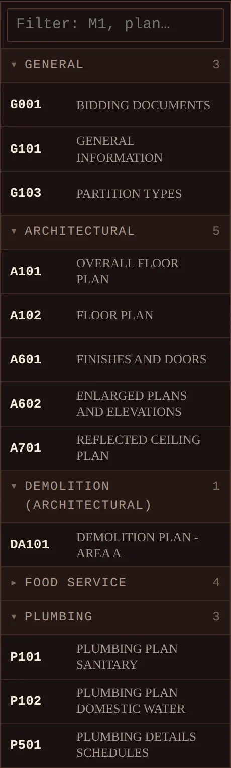 The Sheets panel listing sheets by discipline: General, Architectural, Demolition, Food Service, Plumbing, and Mechanical, each with its sheet number and title.